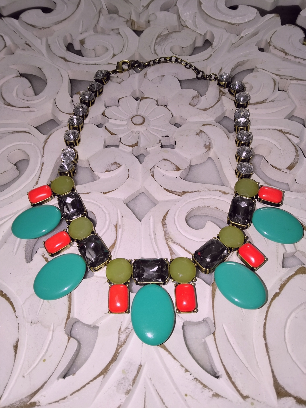 J. Crew Teal, Coral & Olive Glass Bib Necklace